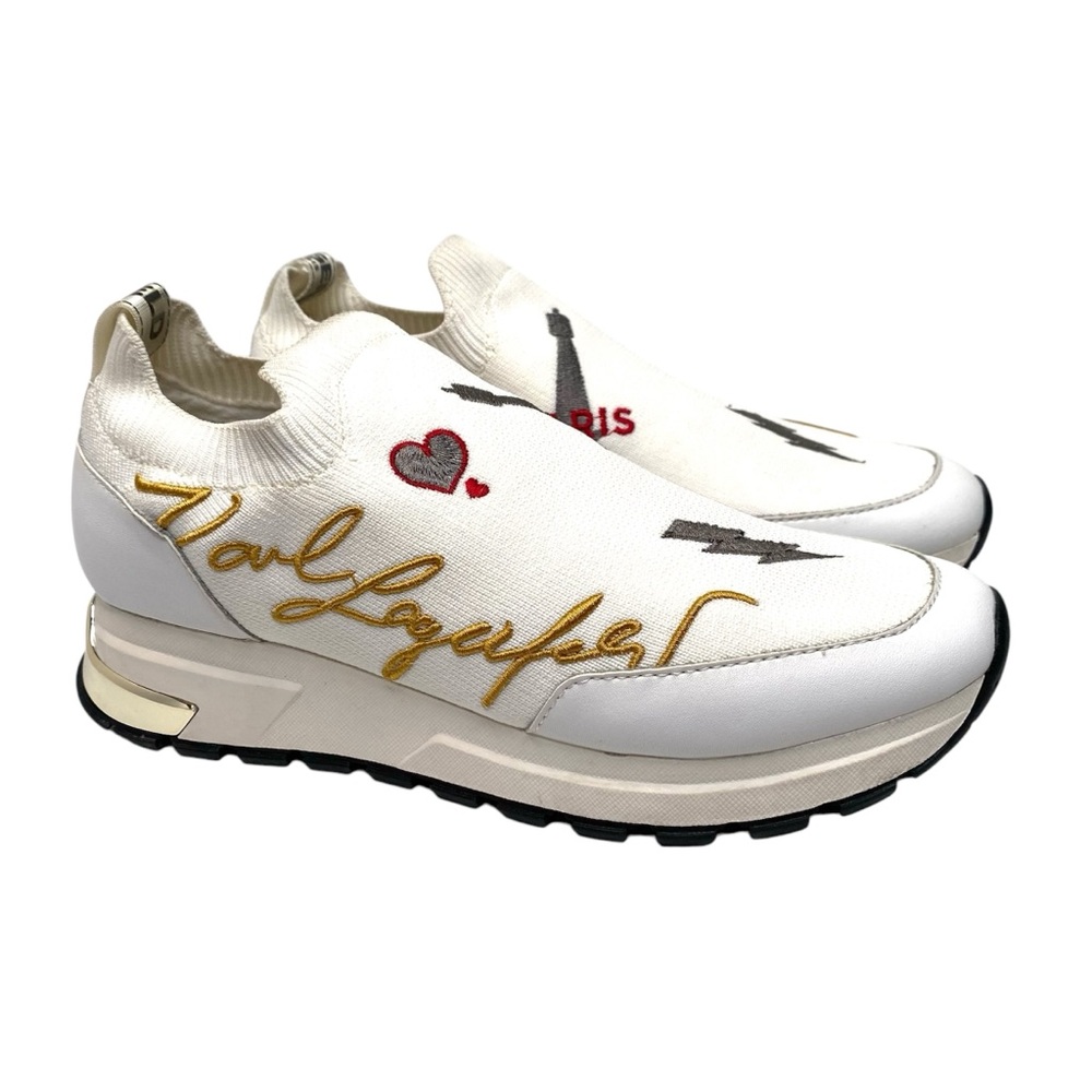 KARL LAGERFELD PARIS Sneakers Women's 8.5 Miranda White Slip On Logo Designer